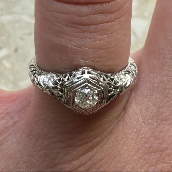 Antique Filigree 14k White Gold Old Mine Cut Diamond Engagement Ring - Picture 13 of 16